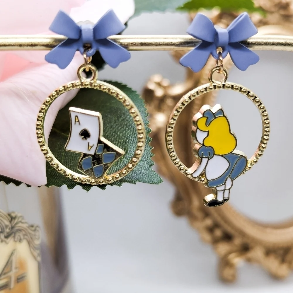 Alice in Wonderland Drop Earrings Whimsical Blue Bow Dangles
